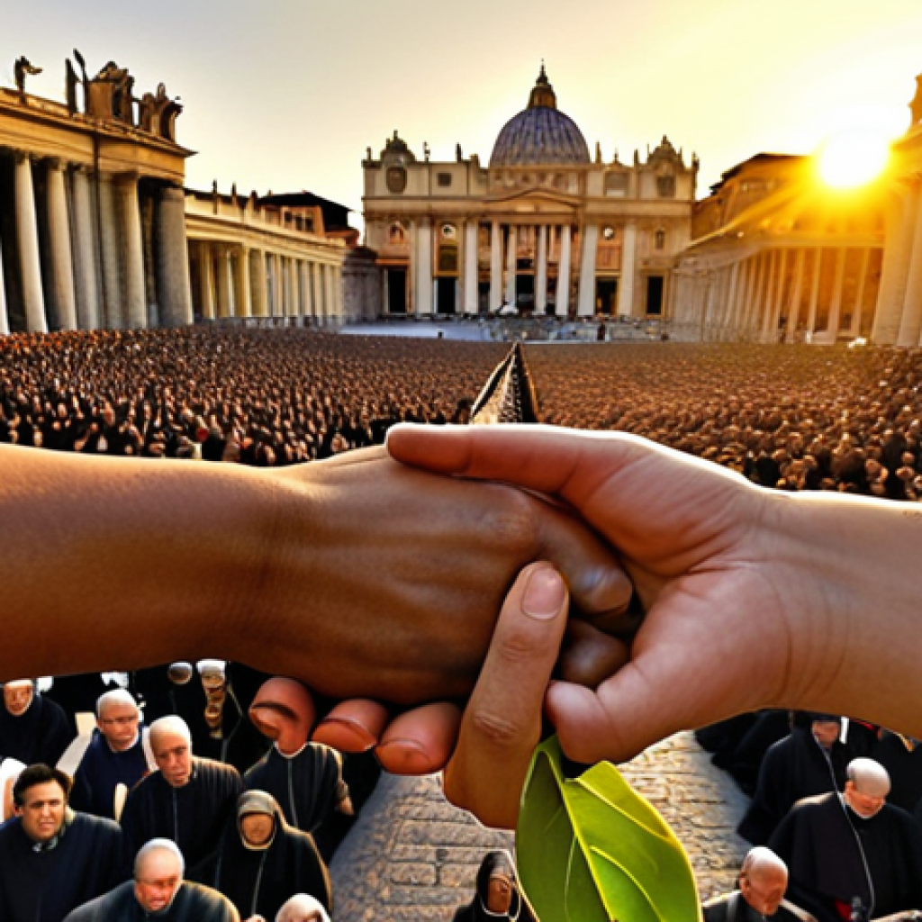 **Prompt 1: Sowing Seeds of Hope and Dialogue**
    A majestic, yet welcoming, depiction of Vatican City's St. Peter's Square at sunrise, with golden light illuminating a diverse group of people from various cultures and faiths, extending hands towards each other. In the foreground, hands of different ages and ethnicities are gently cradling a sprouting plant or a glowing seed, symbolizing peace and universal values taking root. Above them, subtle, flowing lines represent global connections and the reach of communication, hinting at the Pope's messages spreading worldwide. The overall mood is one of unity, hope, and interconnectedness.