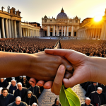 **Prompt 1: Sowing Seeds of Hope and Dialogue**
    A majestic, yet welcoming, depiction of Vatican City's St. Peter's Square at sunrise, with golden light illuminating a diverse group of people from various cultures and faiths, extending hands towards each other. In the foreground, hands of different ages and ethnicities are gently cradling a sprouting plant or a glowing seed, symbolizing peace and universal values taking root. Above them, subtle, flowing lines represent global connections and the reach of communication, hinting at the Pope's messages spreading worldwide. The overall mood is one of unity, hope, and interconnectedness.