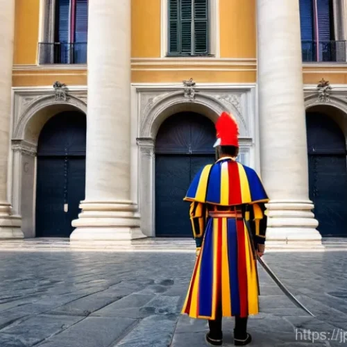 바티칸 시국 인구 및 거주민 - A young, dignified Swiss Guard, dressed in his vibrant Renaissance-era uniform with its distinctive ...