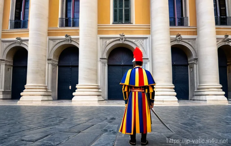 바티칸 시국 인구 및 거주민 - A young, dignified Swiss Guard, dressed in his vibrant Renaissance-era uniform with its distinctive ...