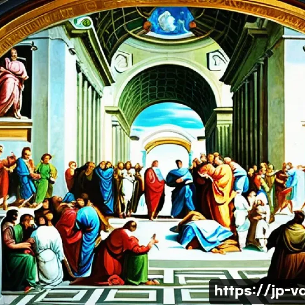 라파엘로와 바티칸 시국 - A detailed Renaissance-style fresco scene inspired by Raphael&rsquo;s &ldquo;School of Athens,&rdquo; depicting a harm...
