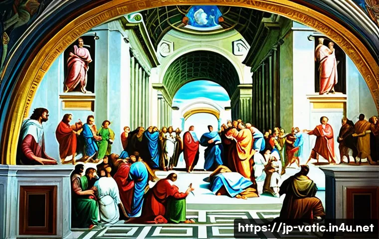 라파엘로와 바티칸 시국 - A detailed Renaissance-style fresco scene inspired by Raphael&rsquo;s &ldquo;School of Athens,&rdquo; depicting a harm...
