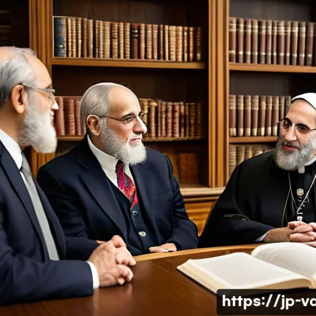 바티칸 시국과 유대교 관계 - A serene, detailed scene of an interfaith dialogue between Catholic and Jewish leaders in a modern c...