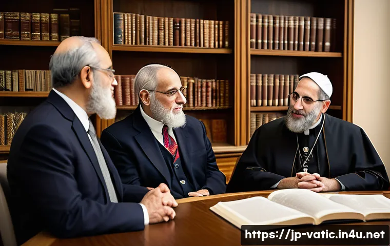바티칸 시국과 유대교 관계 - A serene, detailed scene of an interfaith dialogue between Catholic and Jewish leaders in a modern c...
