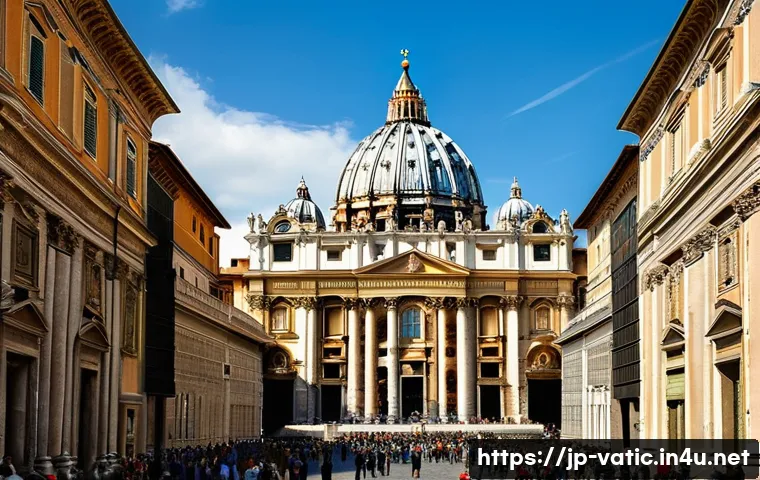 바티칸 시국 종교적 역할 - A detailed, atmospheric view of St. Peter&rsquo;s Basilica in Vatican City during a bright sunny day, show...