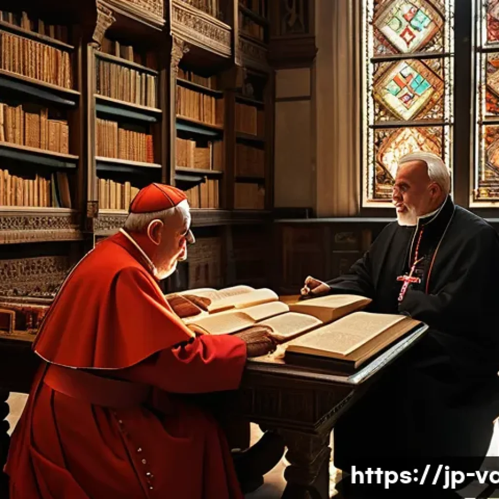 바티칸 시국과 이슬람교 관계 - A serene and detailed scene depicting a historical dialogue between a Catholic cardinal from the Vat...