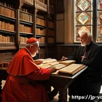 바티칸 시국과 이슬람교 관계 - A serene and detailed scene depicting a historical dialogue between a Catholic cardinal from the Vat...