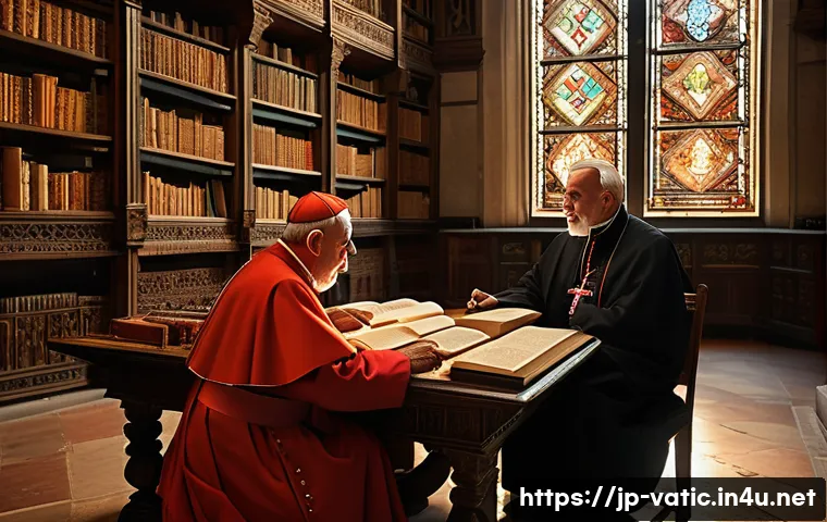 바티칸 시국과 이슬람교 관계 - A serene and detailed scene depicting a historical dialogue between a Catholic cardinal from the Vat...