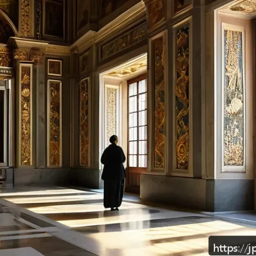 바티칸 시국 관광 팁 - A serene early morning scene inside the Vatican Museums, featuring quiet corridors with classical Re...