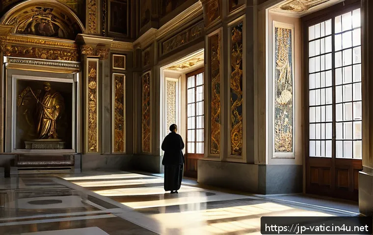 바티칸 시국 관광 팁 - A serene early morning scene inside the Vatican Museums, featuring quiet corridors with classical Re...
