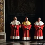 바티칸 시국의 유명 사건 - A dimly lit medieval Vatican chamber during a papal conclave, with cloaked cardinals casting secreti...