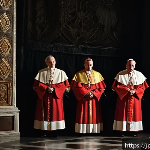 바티칸 시국의 유명 사건 - A dimly lit medieval Vatican chamber during a papal conclave, with cloaked cardinals casting secreti...