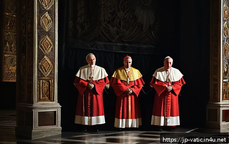 바티칸 시국의 유명 사건 - A dimly lit medieval Vatican chamber during a papal conclave, with cloaked cardinals casting secreti...