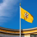 바티칸 시국 국기 의미 - A highly detailed and realistic depiction of the Vatican City flag waving gently in the wind, featur...