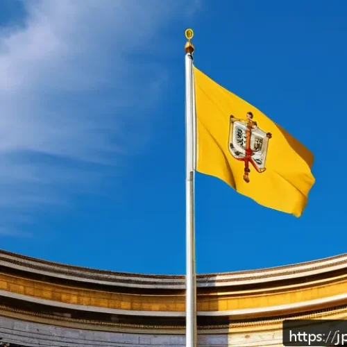 바티칸 시국 국기 의미 - A highly detailed and realistic depiction of the Vatican City flag waving gently in the wind, featur...