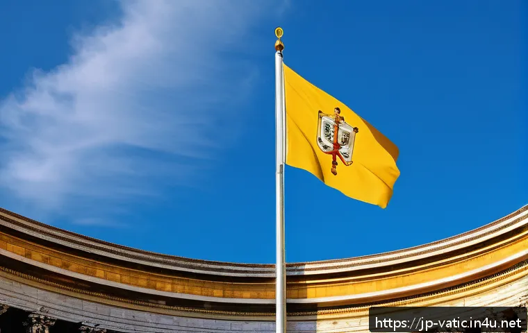 바티칸 시국 국기 의미 - A highly detailed and realistic depiction of the Vatican City flag waving gently in the wind, featur...