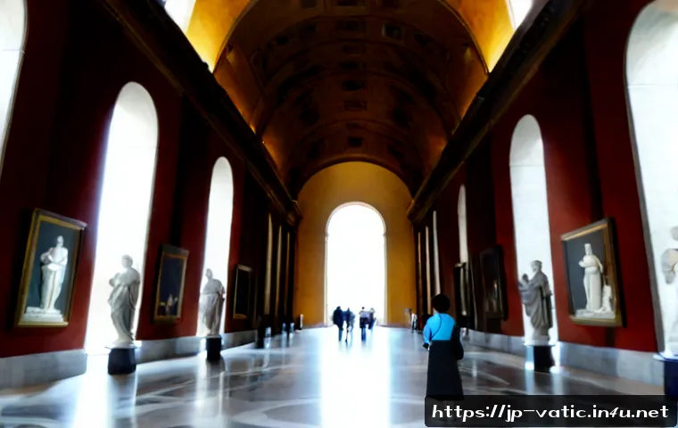 바티칸 시국의 예술과 문화 - Photorealistic wide-angle interior of a grand Vatican museum gallery, soaring frescoed ceilings, mar...